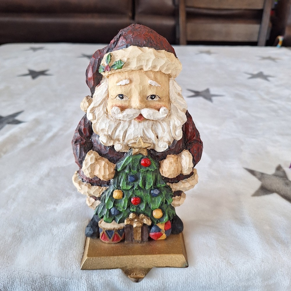 Santa Christmas Stocking Holder Vintage Heavy Resin Wood Look Primative Folk Art